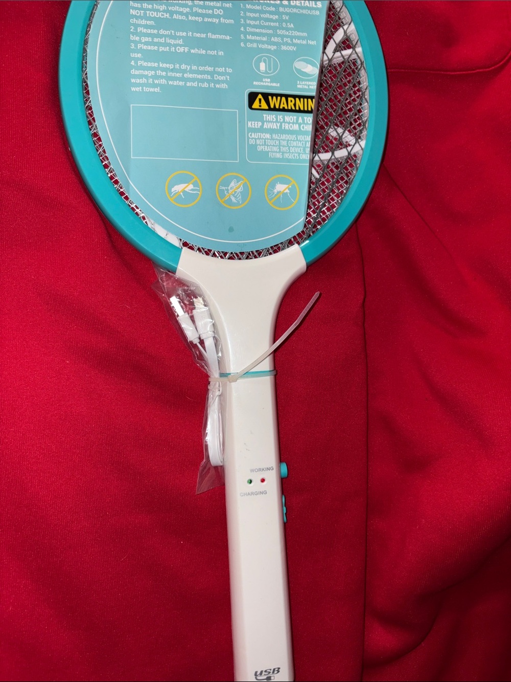 NWT Rechargeable Bug Zapper Racket in White & Teal WITH CHARGER